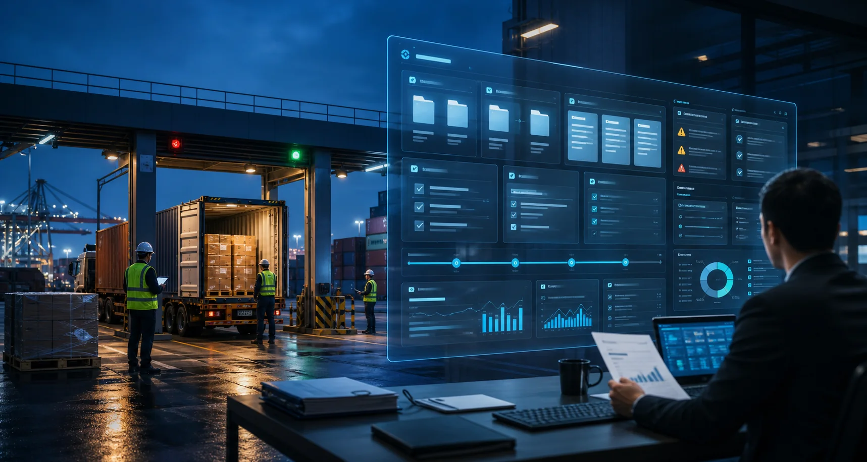 CHA software concept connecting customs job files, document checklists, clearance status, job costing and client visibility