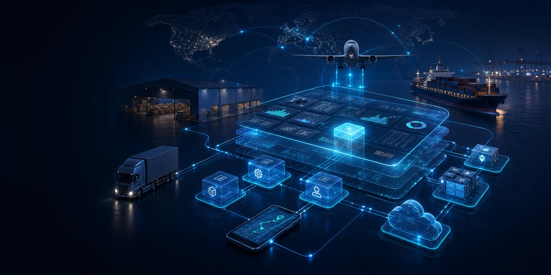 Custom logistics software connecting freight operations, mobile apps, analytics, APIs, and cloud infrastructure