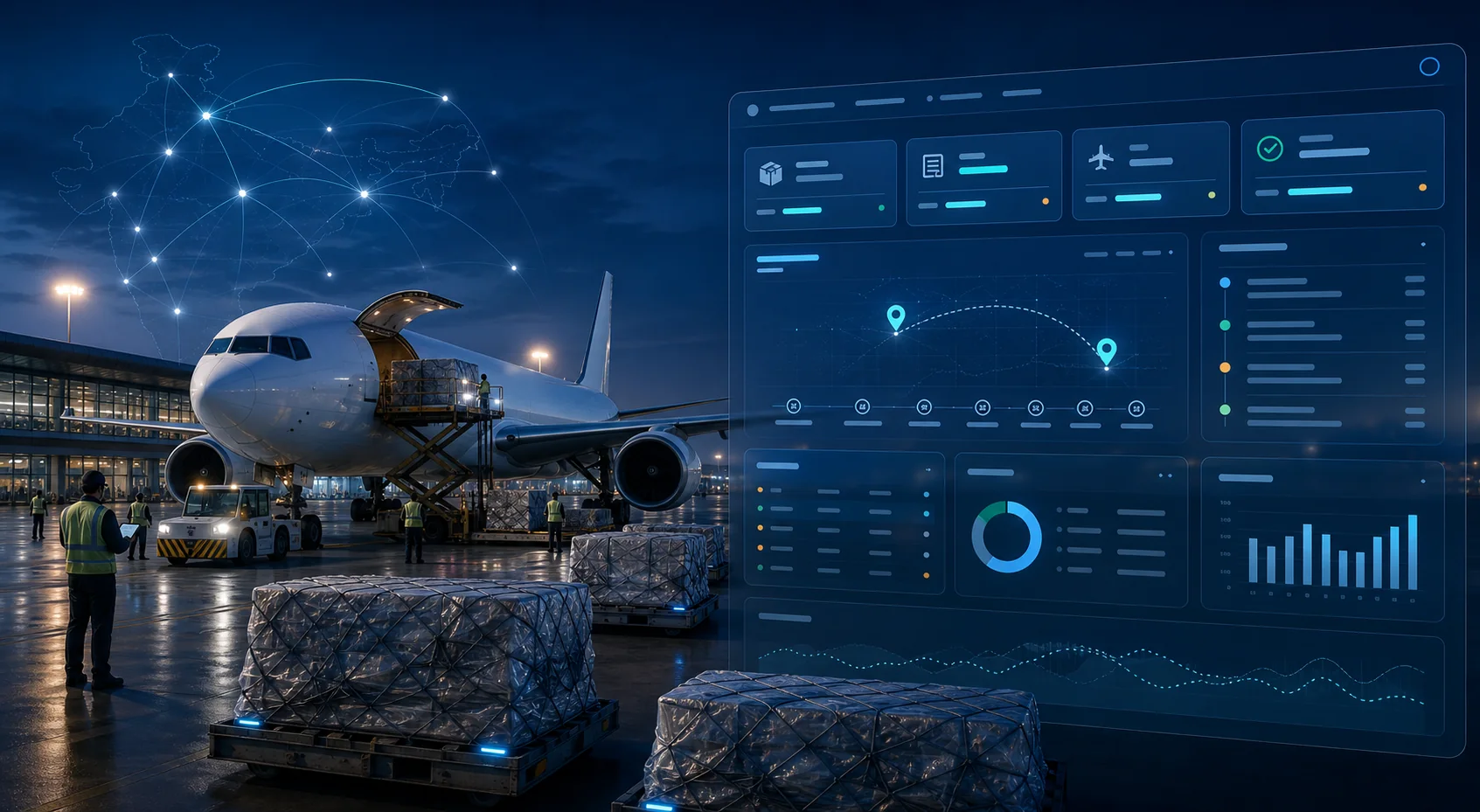 Domestic air cargo software connecting booking, airway bill, cargo routes, delivery status, billing and MIS analytics