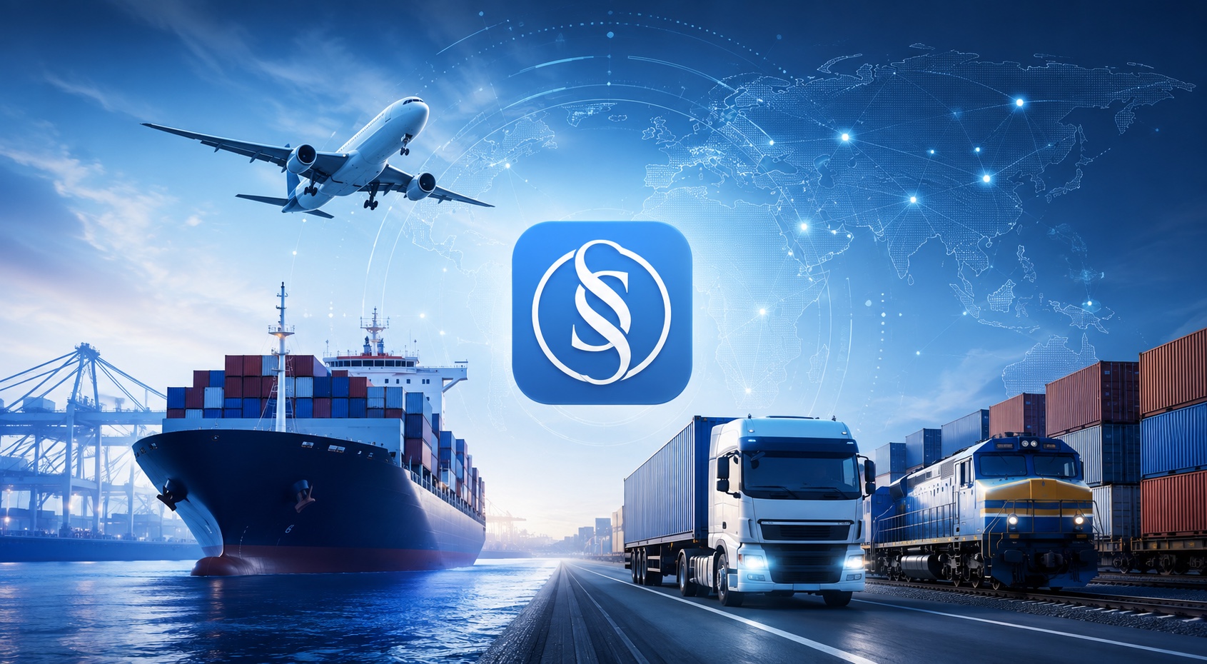 Airplane, container ship, truck, and freight train connected across a global logistics network