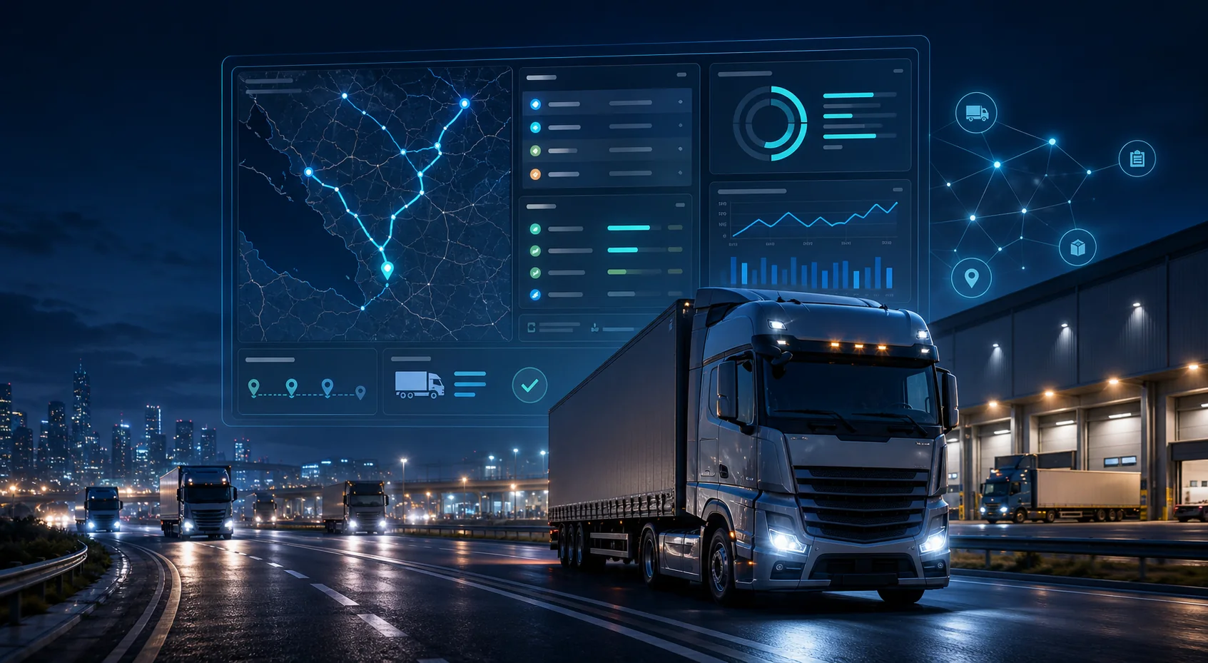 Transport management software connecting fleet dispatch, route planning, vehicle tracking, POD and billing analytics